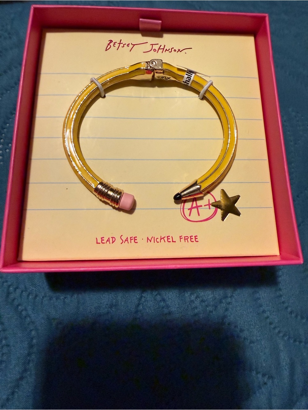 Betsey Johnson Yellow Pencil Bangle with Pink Eraser box has no cover but is NIB